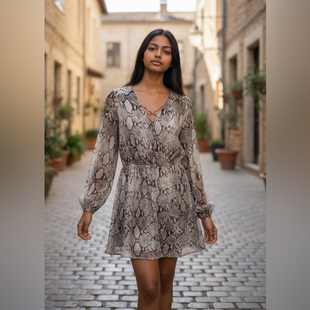 Jennifer Lopez Snakeskin Look, Faux Wrap Dress V-neck crisscross design.